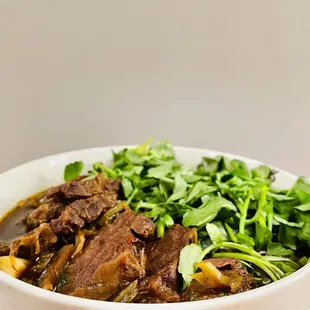 Beef Noodle Soup - beef steak, water cress