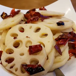 Quick fried lotus root ($11), vegan by default. Delicious. Lots of Szechuan peppercorn.