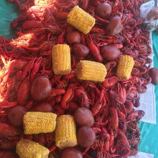 Crawfish with corn, potatoes, and turkey neck.