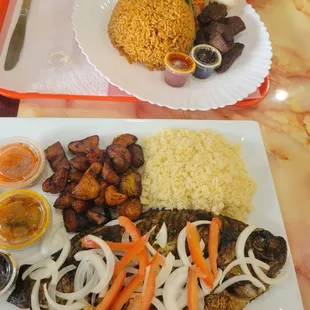 Jollof rice Baked Tilapia plantains etc. The sauces were great!!!