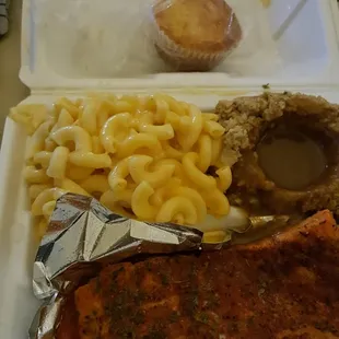 Salmon, mac &amp; cheese, and dressing with gravy