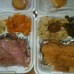 Corned Beef, cabbage, sweet potato...Catfish, greens and dressing.