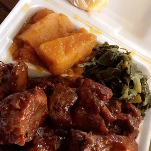 Rib tips, greens, yams and cornbread