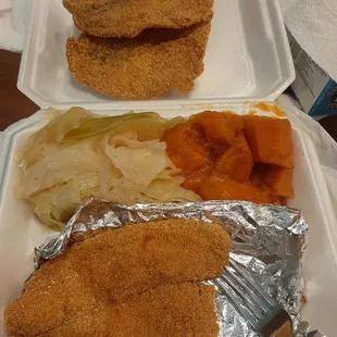 a meal in a styrofoam container