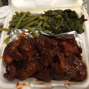 Rib tips, greens and green beans