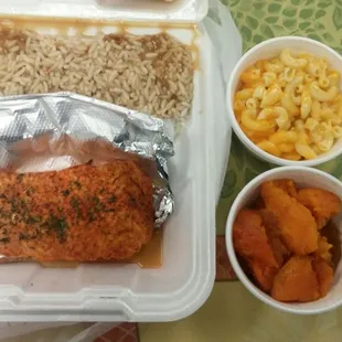 Baked salmon the two sides (Yams and Rice) with an extra side of mac because it looked amazing.