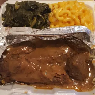 Pot roast with collard greens and macaroni and cheese