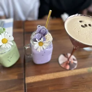 Iced Matcha Latte, Iced UBE Latte, something coffee (I forgot)