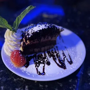 A decadent chocolate mousse cake.