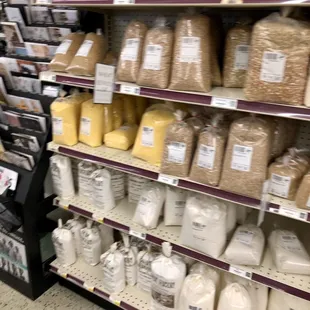 Variety of bulk flour and baking supplies.