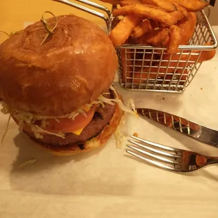 Beyond burger with sweet potato fries