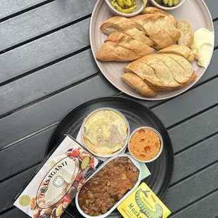 3 fish tins and double bread and pickles plate