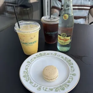Golden milk latte with coconut milk. Soooo good.  Cold brew and one of the best macaroons I&apos;ve had