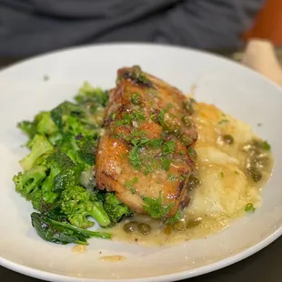 Baramundi with lemon capers steamed broccoli and asparagus along with mashed potatoes
