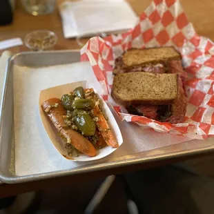 Pastrami Reuben and dill pickle