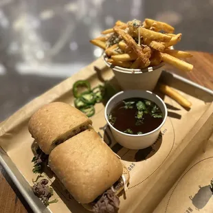 Pho rench dip sandwich with Lardo fries