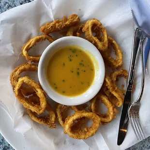 onion rings and a bowl of soup