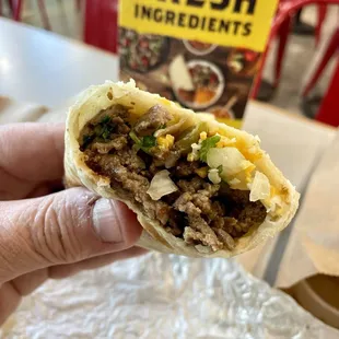 a hand holding a burrito