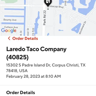 location and order details