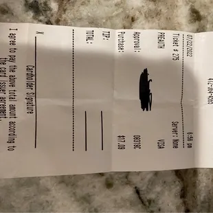 Receipt confirming payment