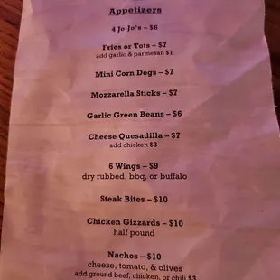 Appetizer menu as of January 2023
