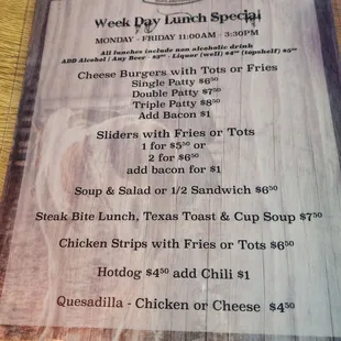 Weekday lunch specials.  A real bang for your buck. Free soda or add a beer for 3 bucks. Hard alcohol is discounted as well