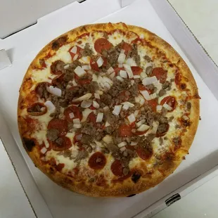 Large pizza with pepperoni, sausage, and onion