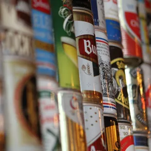 Wall of vintage beer cans.