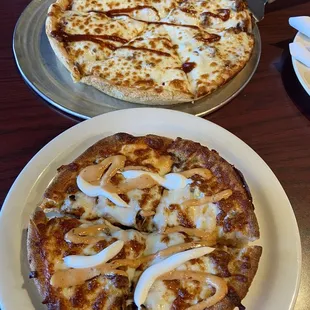 Spicy queso pizza and bbq smokehouse pizza