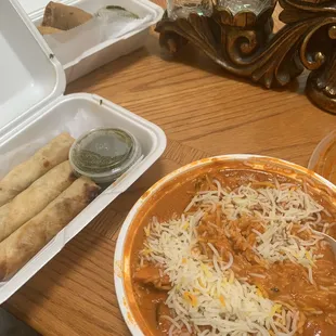 Chicken Tikka Masala, 2 Piece Aloo Samosa, 3 Qeema Rolls