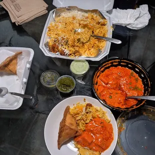 chicken biryani, chicken tika masala, aloo samosa