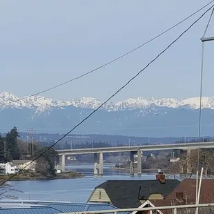 Beautiful view of the Warren Bridge and the Olympics from their parking lot (3/16/19)