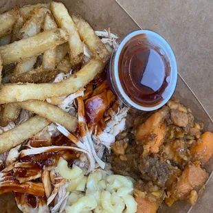 Smoked Pulled Chicken, French Fries, Candied Yams