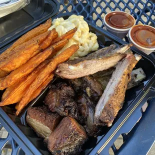 Pork Rib, Burnt Ends, Sweet Potato Fries, Macaroni and Cheese