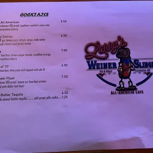 the menu for the restaurant