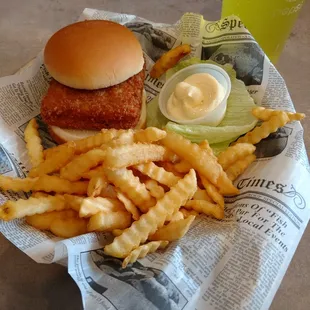 a chicken sandwich and fries
