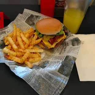 a cheeseburger and fries