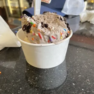 Chocolate chip cookie dough and Oreo I had a sprinkled cone but I ate it