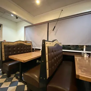 a booth with a checkered floor