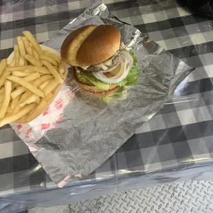 a hamburger and fries