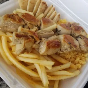 Chicken Kabobs with rice,pitas bread &amp; french fries