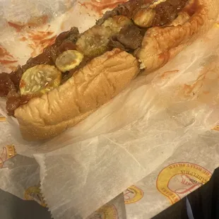 *cheesesteak  *light american cheese  *salt &amp; pepper  *ketchup  *a little spicy mustard *fried onions *pickles
