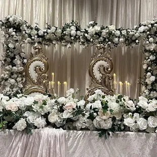 Decoration, Flowers, ceiling,chargers and linen Don by Flowers By Alis  209-579-8770