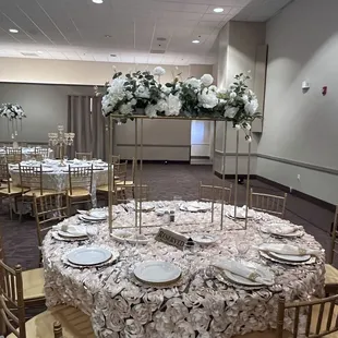 Decoration, Flowers, ceiling,chargers and linen Don by Flowers By Alis  209-579-8770