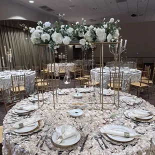 Decoration, Flowers, ceiling,chargers and linen Don by Flowers By Alis  209-579-8770