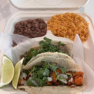 Pollo Taco, Carne Asada Taco, Rice and Beans