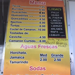 Menu as of October 11, 2016