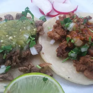 Asada taco on the left.  Al Pastor taco on the right.  Both were good.