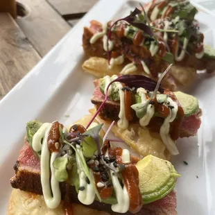 Ahi Tuna Nachos, a bit spicy with the Sriracha.