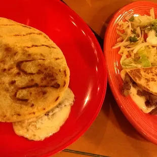 Beans N&apos; cheese pupusa and Fajita quasadilla